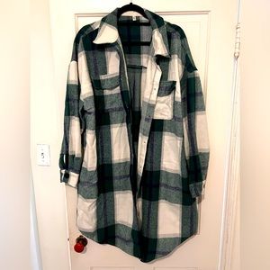 Green & White Extra Long Flannel Shacket